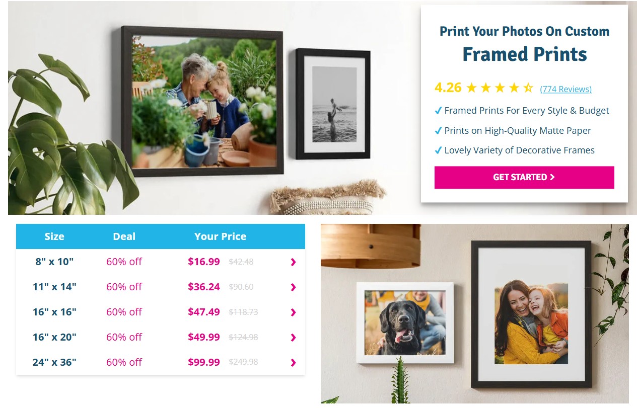 Framed Prints pricing — 60% off all sizes