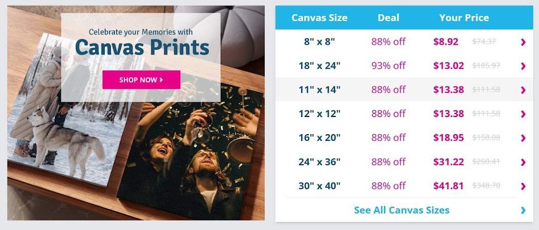 Canvas Prints pricing — up to 93% off