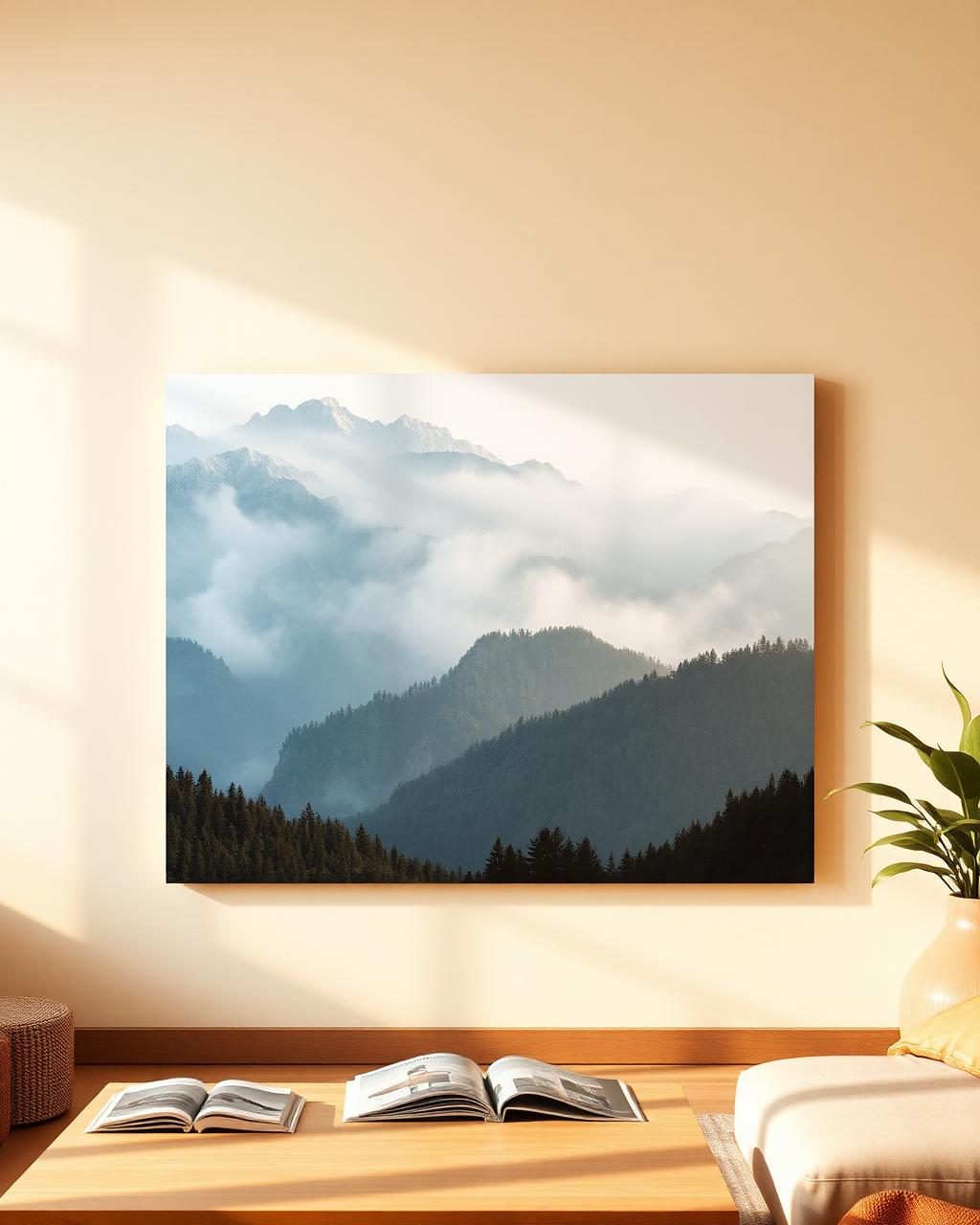 A canvas print of a misty mountain landscape hanging in a sunlit living room